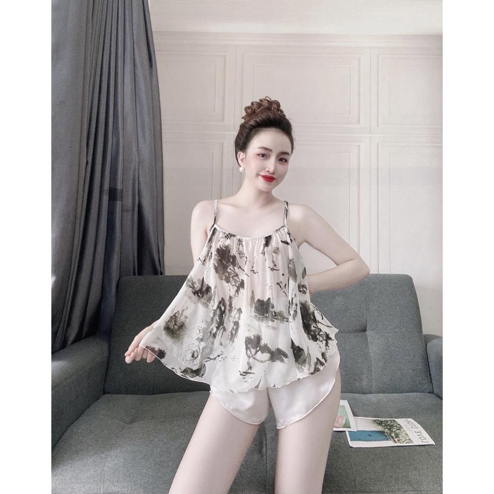 Đồ Mặc Nhà Nữ , Đồ Bộ Nữ Áo 2 Dây Quần Cọc Chất Liệu Voan Hoa Phối Lụa Cao Cấp Sexy, Gợi Cảm. | BigBuy360 - bigbuy360.vn