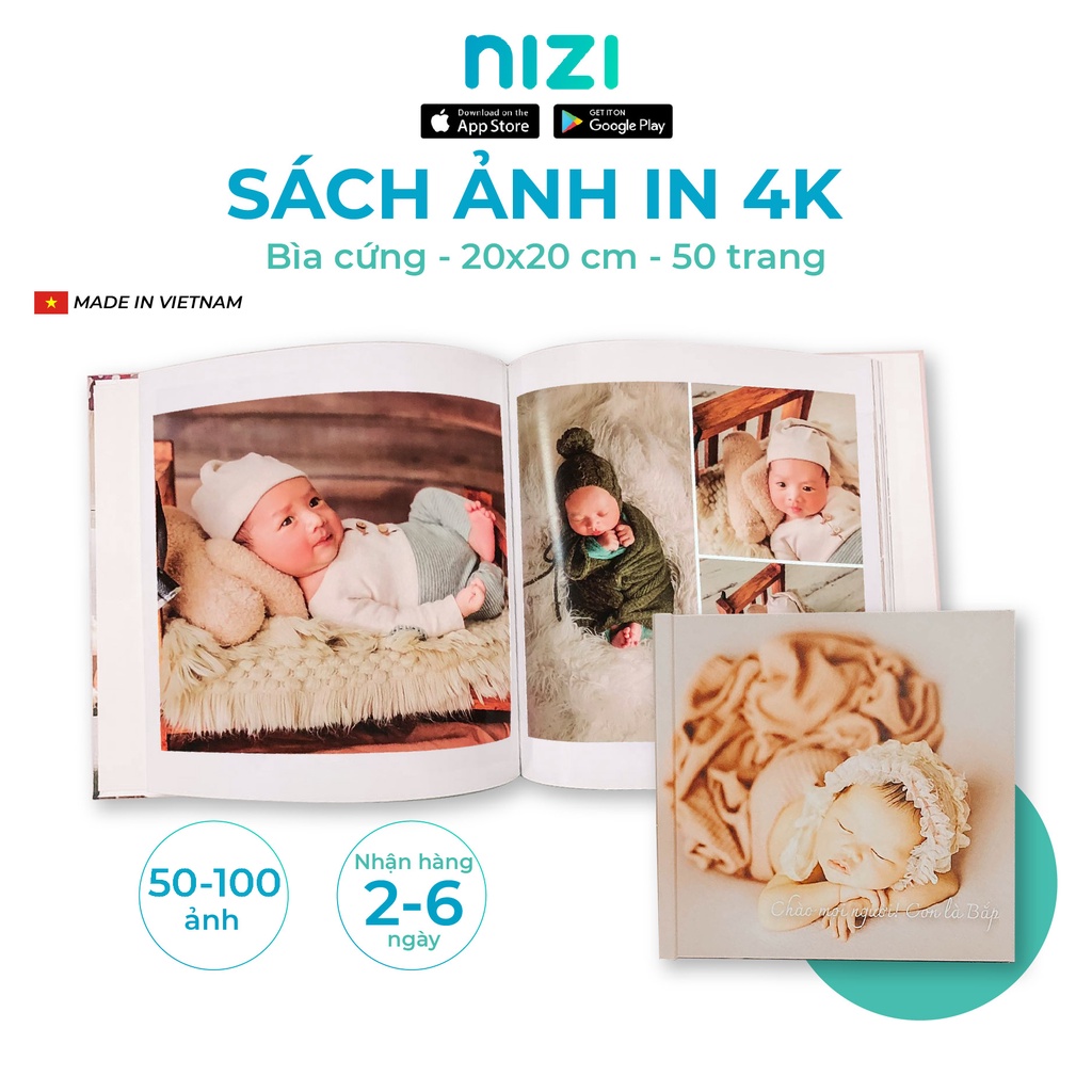 In sách ảnh theo yêu cầu bìa cứng 50 trang 20 x 20cm, In 4K siêu nét trên app NIZI