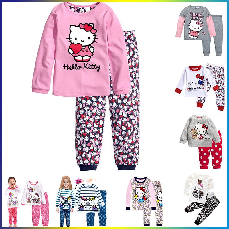 Set Đồ Ngủ Áo Tay Dài + Quần Dài Hoạ Tiết Hello Kitty Cho Bé Gái