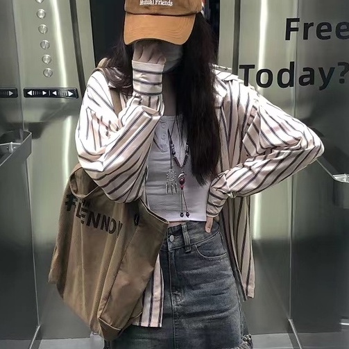 Áo sơ mi ZHELIHANGFEI tay dài dáng rộng họa tiết kẻ sọc thời trang dễ phối đồ cho nữ