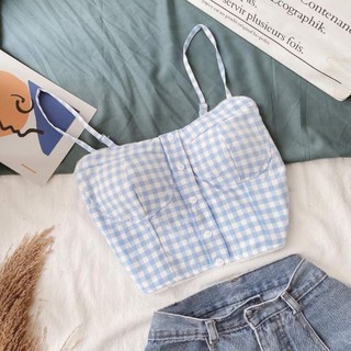 Áo croptop caro xanh 2s viền ren