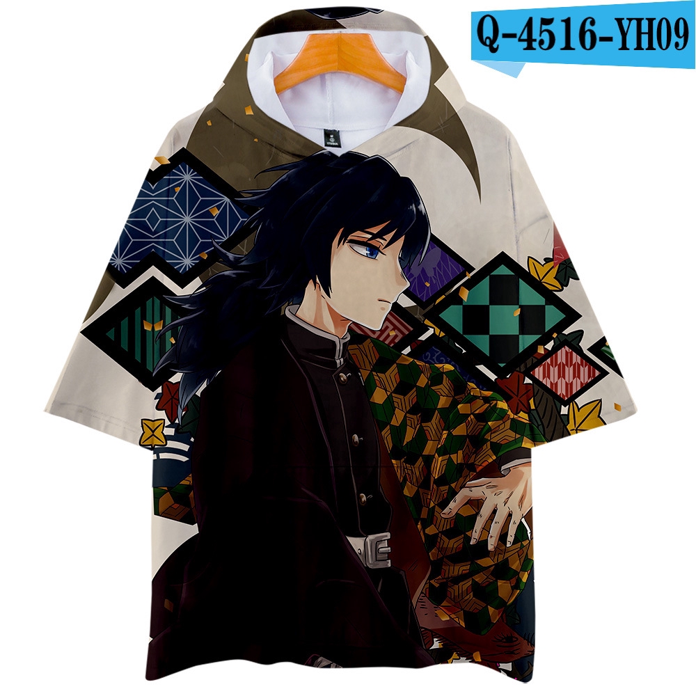 Áo tay ngắn in họa tiết anime có nón trùm đầu thời trang cho nam và nữ Anime Demon Slayer Kimetsu no Yaiba