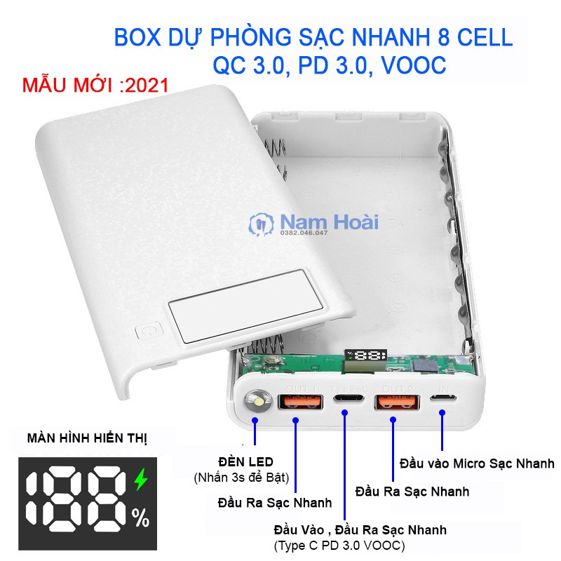 Box sạc dự phòng 8 cell hổ trợ sạc nhanh QC 3.0, PD 3.0 (Nhắn tin cho shop màu khi quý khách có nhu cầu)