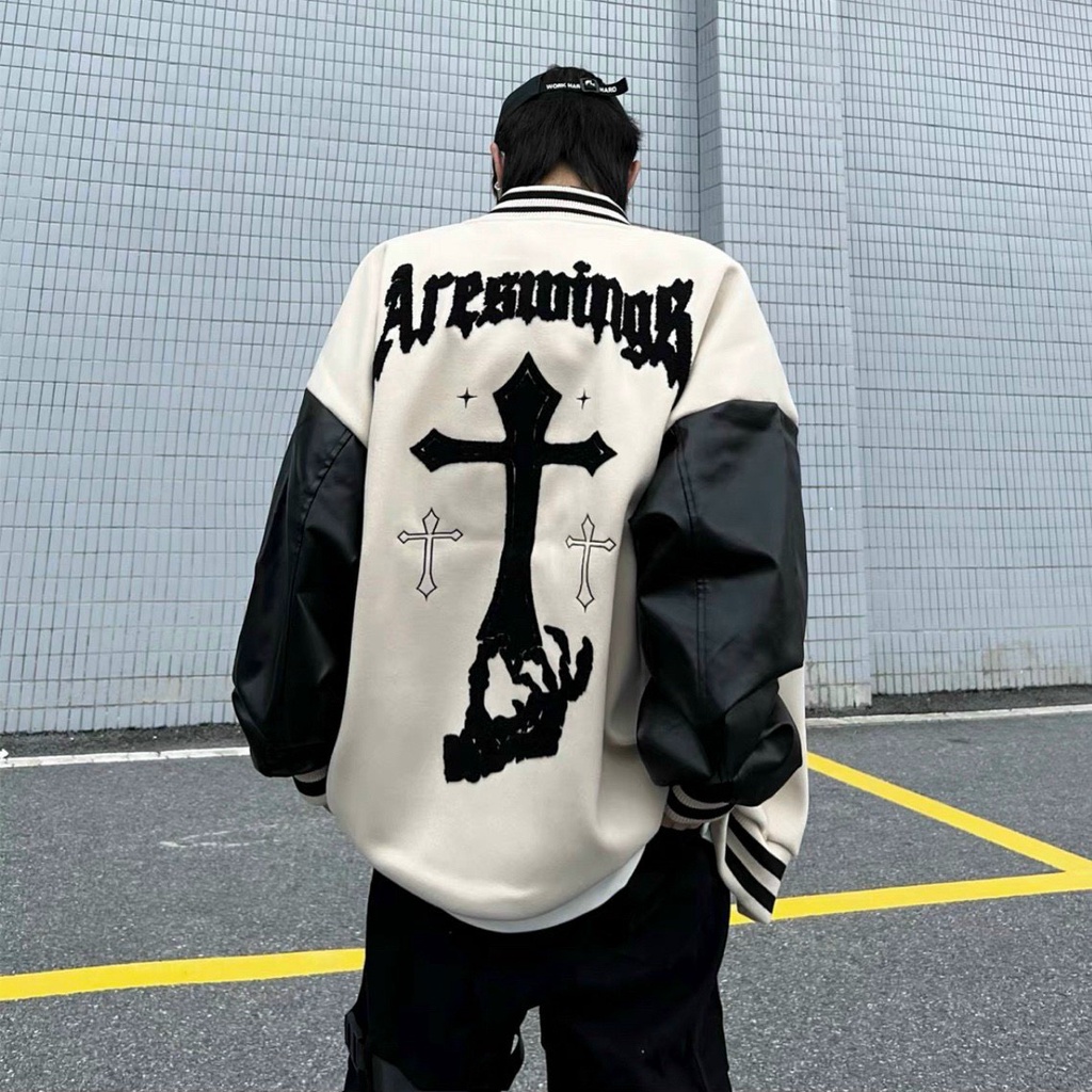 Áo khoác bomber Cream tay da đen form rộng