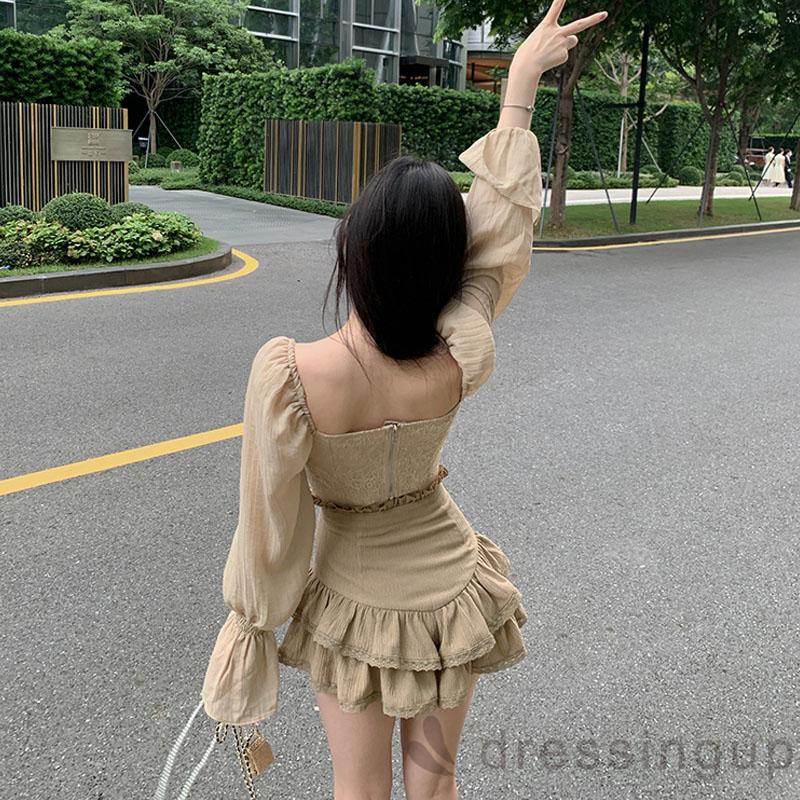 Áo sơ mi chắp vải xuyên thấu tay dài màu trơn cho nữ