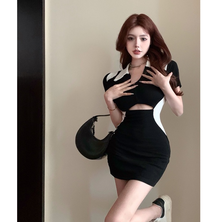 Đầm Lửng Tay Ngắn Cổ Chữ v Ôm Eo Màu Đen Thời Trang Mùa Hè Dành Cho Bạn Nữ