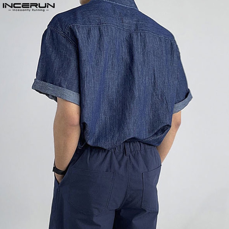 Áo sơ mi denim INCERUN ngắn tay màu trơn phối túi hộp thời trang cho nam