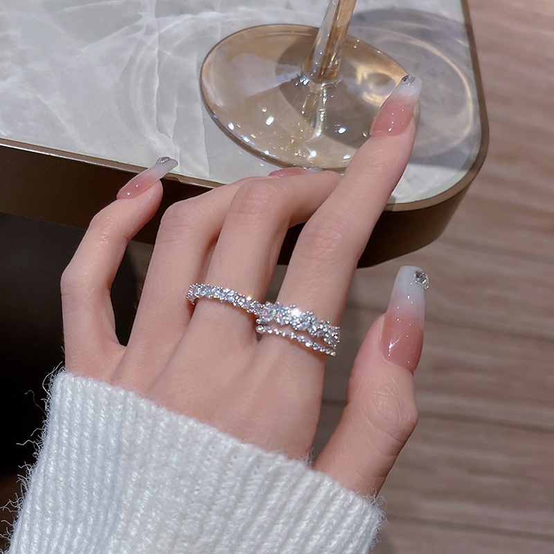 Nhẫn Hở Hình Chiếc Lá Hai Lớp Màu Bạc Đính Đá Zircon Phong Cách Hàn Quốc