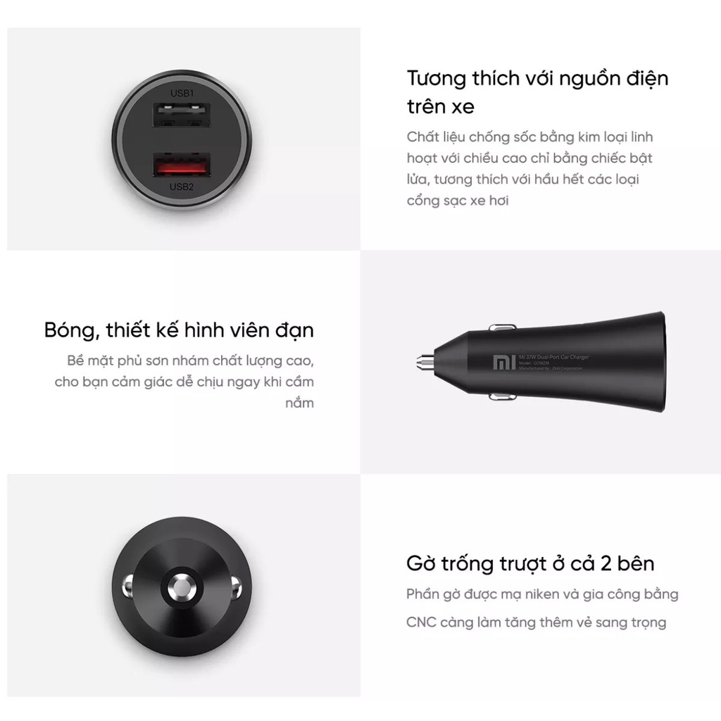 Cốc Tẩu Sạc Nhanh Ôtô / Xe Hơi 2 Cổng USB Xiaomi 37W Quốc Tế CC06ZM CHÍNH HÃNG FULLBOX