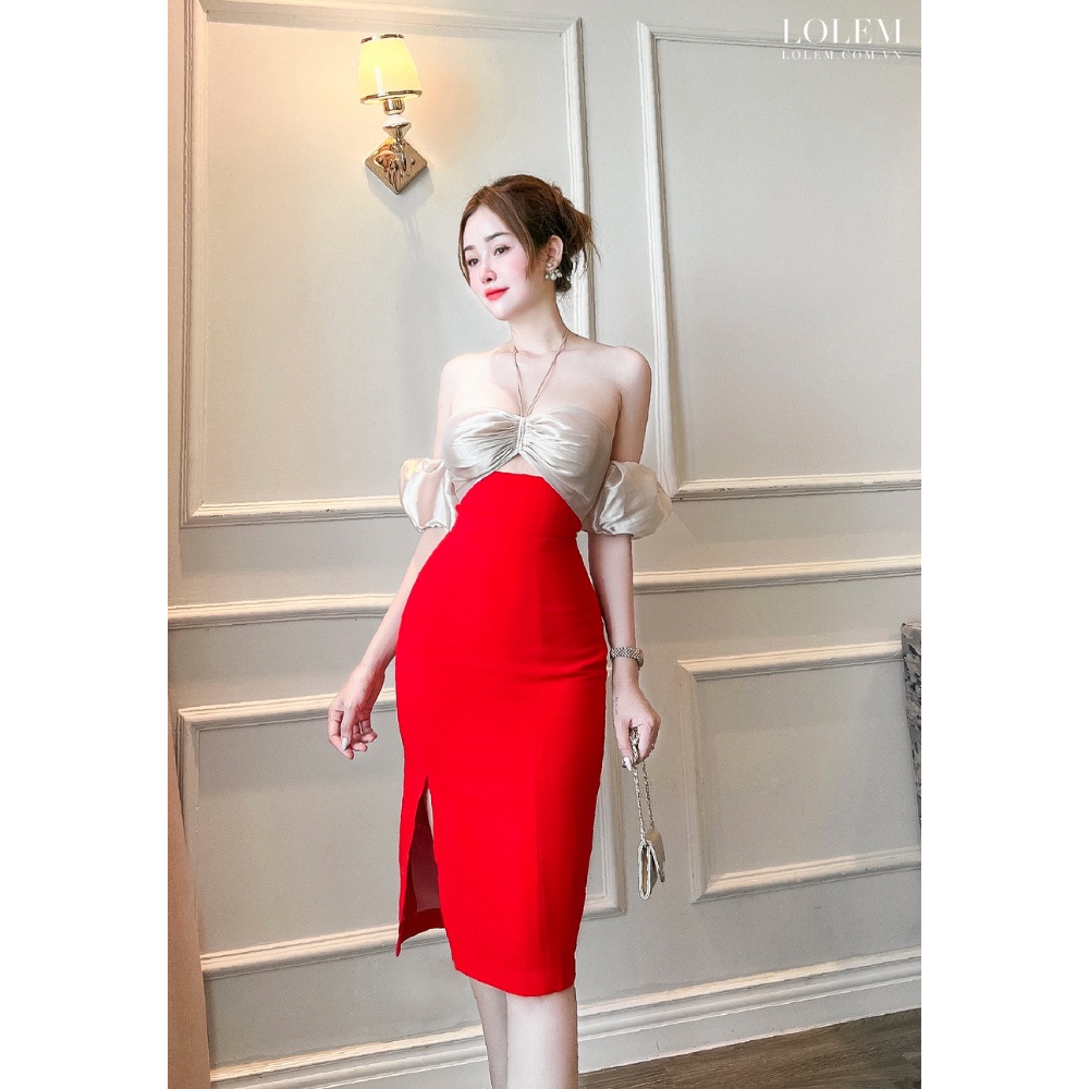 Đầm ôm body LOLEM DO185 xẻ tà vải tăm Nhật dây cổ phối organza tay rớt hở lưng