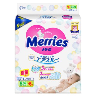 Size S82+6 Tã dán Merries cộng miếng cao cấp cho bé 4-8kg