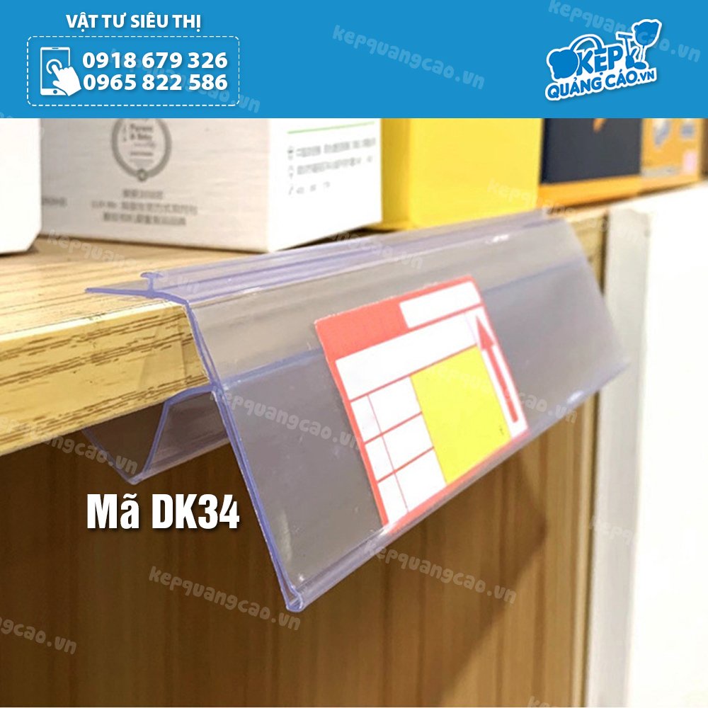 DK34 - Nẹp nhựa siêu thị, Kẹp giá kệ gỗ, Kẹp gỗ có chắn kẹp từ 1.5 - 2.5cm.