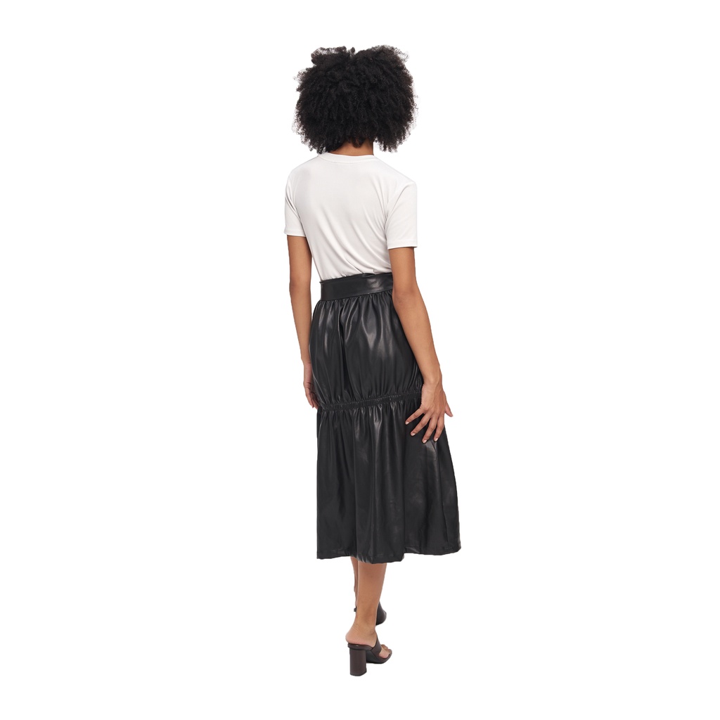 Chân váy da, xếp tầng, màu đen, là min - BLACK RUCHED LEATHER SKIRT