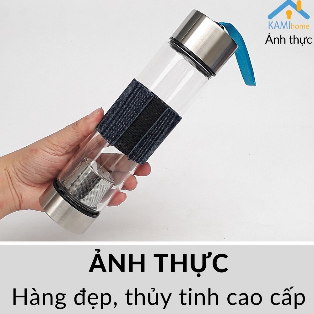 Bình nước thủy tinh pha trà hoa có lõi lọc inox 450ml cầm tay mang theo người Mã22044