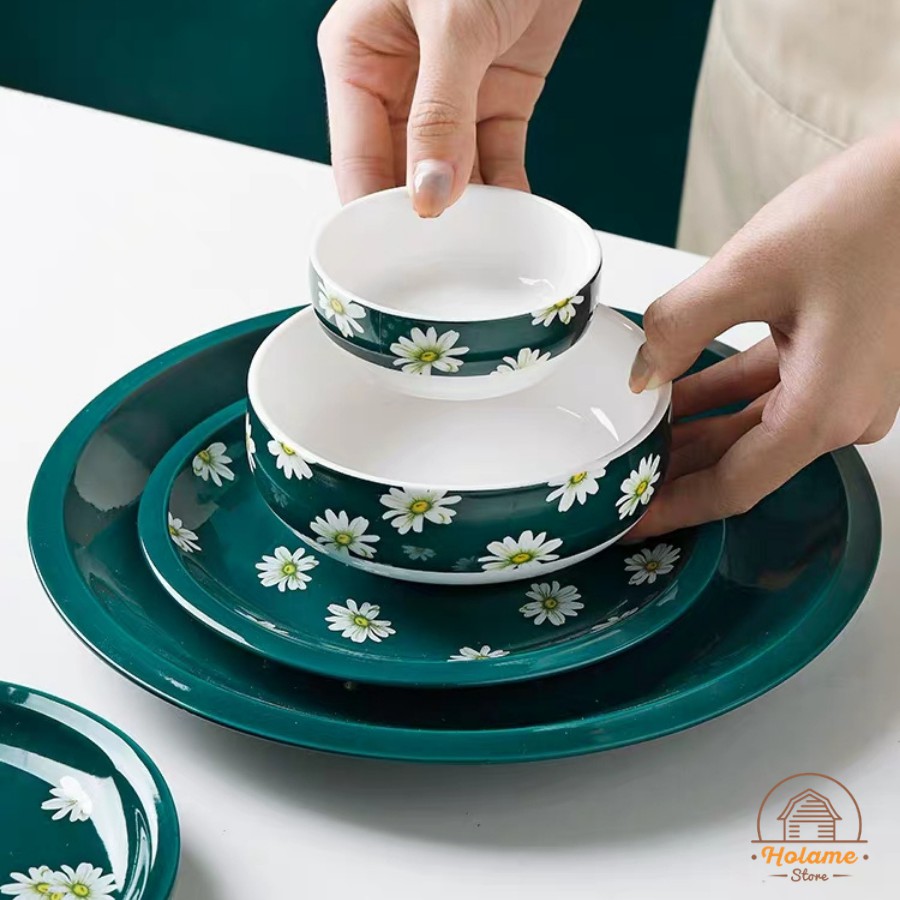 Chén dĩa , bát đĩa ăn sứ , muỗng thìa họa tiết xinh xắn Holame