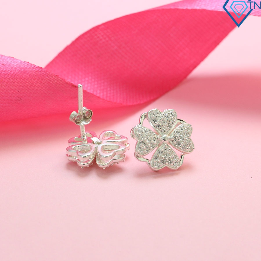 Bông tai bạc nữ 925 hình cỏ 4 lá xoay đinh đá đẹp BTN0154 Trang Sức TNj