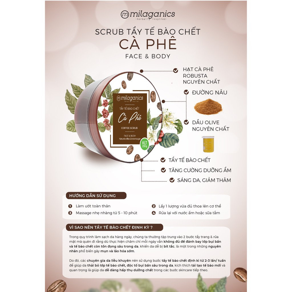 Tẩy Cà Phê Milaganics Robusta Natural Coffee & Brown Sugar Scrub MILAGANICS 280g (Hũ)