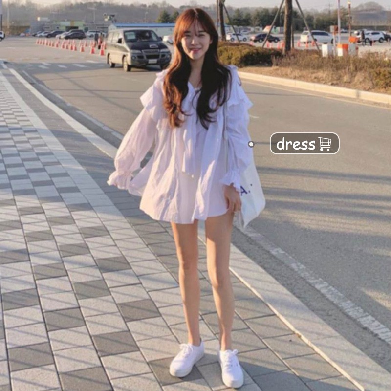 South Korea Ins Super Fairy White Double Doll Collar Dress Female Junior Spring Loose Thin Sleeve Shirt Tide