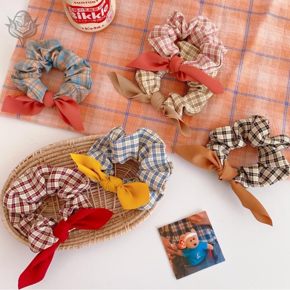 Dây cột tóc cao su phối vải họa tiết sọc caro đơn giản cho nữ