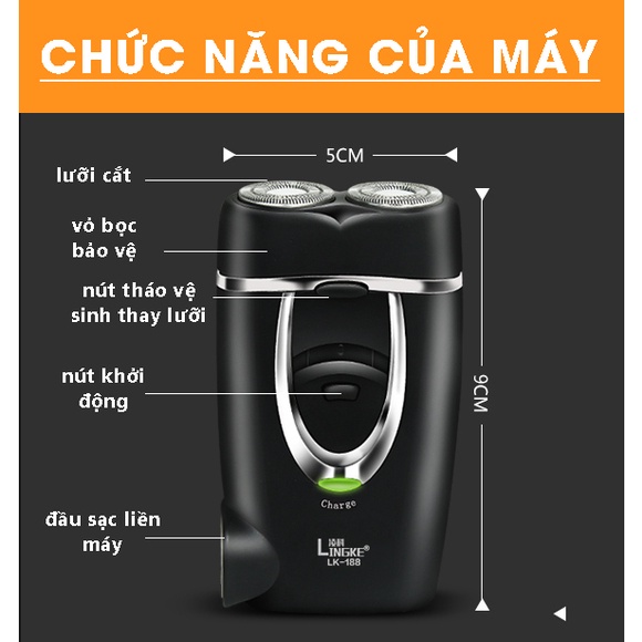 Máy Cạo Râu Khô Cầm Tay Mini Nhỏ Gọn 2 Lưỡi Cắt - Đầu Sạc Liền Máy Chuyên Dụng