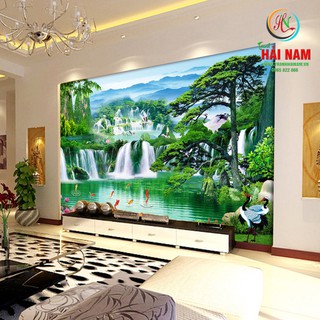 Tranh dán tường 3D phong thuỷ Vải lụa phủ kim tuyến