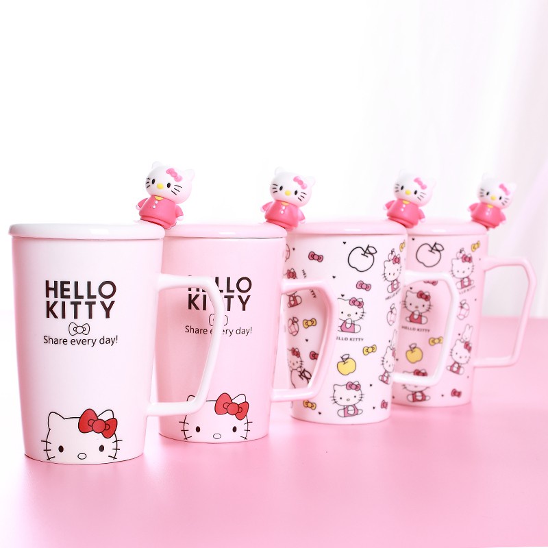 Cốc Sứ Uống Cà Phê Có Nắp Đậy Và Muỗng Hình Hello Kitty / Doremon Đáng Yêu