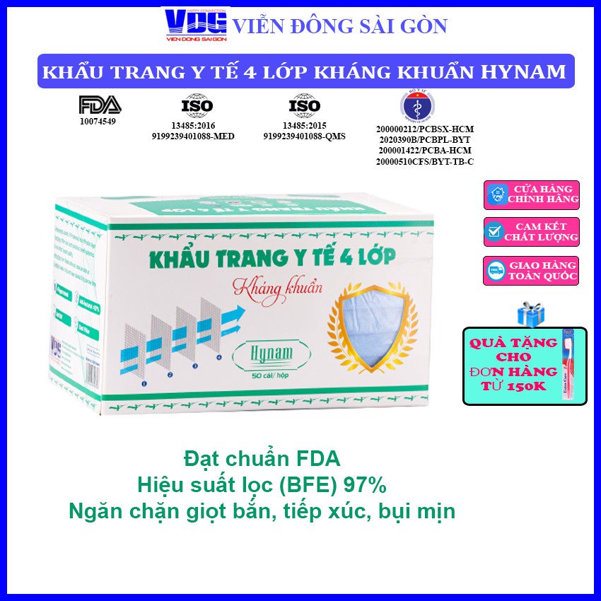 Khẩu trang y tế 4 lớp Hynam - Giấy lọc kháng khuẩn - Hiệu suất lọc BFE 97% - (50 cái/ hộp)