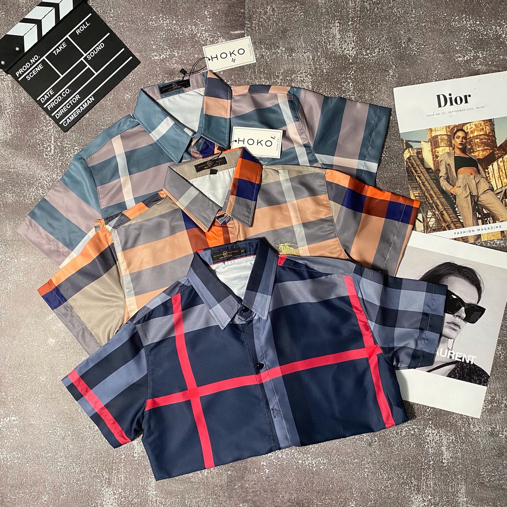 Áo sơ mi 3D tay ngắn chất lụa Caro thêu ngực hoạ tiết BURB đẹp mắt thoáng mát phong cách trẻ trung thời trang nam nữ