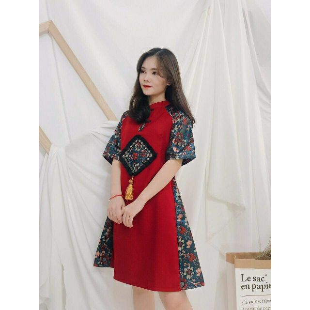 [vải cao cấp]Áo dài cách tân phong cách, đầm đỏ sườn xám phối gấm hoa cao cấp