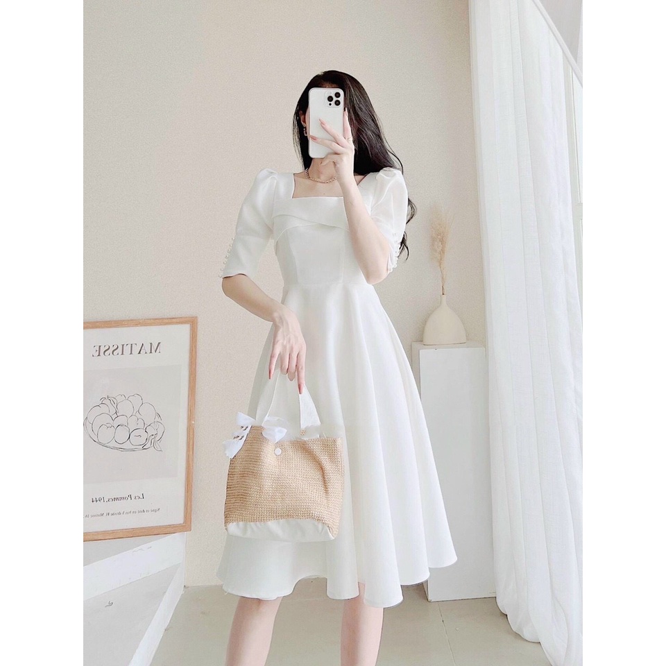 LIKEHER - ĐẦM TRẮNG DỰ TIỆC D10 ĐẦM CHỤP KỶ YẾU CỔ VUÔNG NÚT TAY