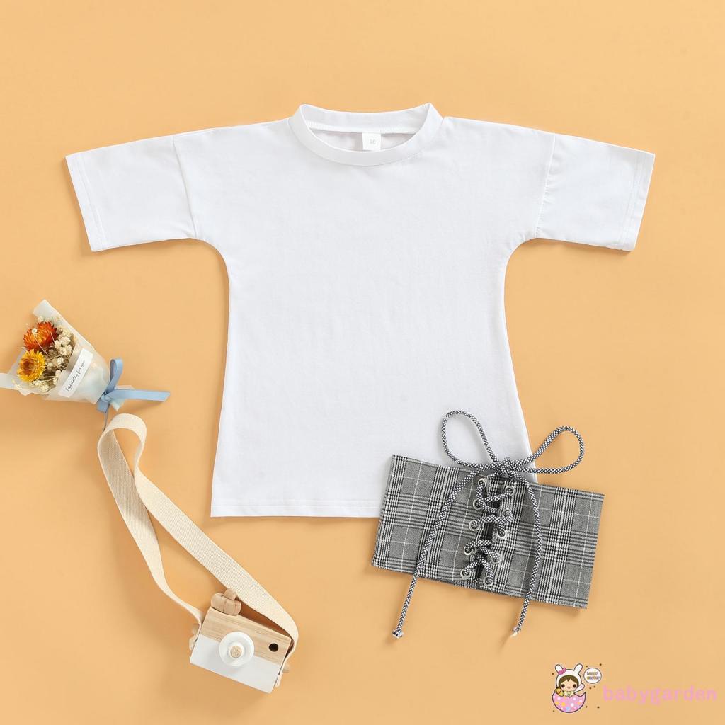 Váy thun tay ngắn kiểu cổ tròn trơn phối dây buộc thời trang cho bé gái từ 1 - 6 tuổi