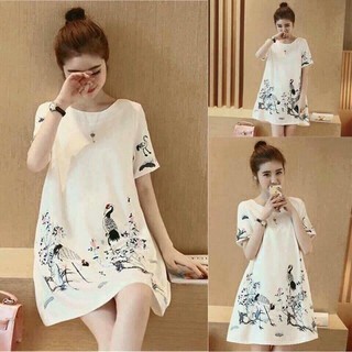 [niceshop1] Đầm bầu trắng in chim hạc