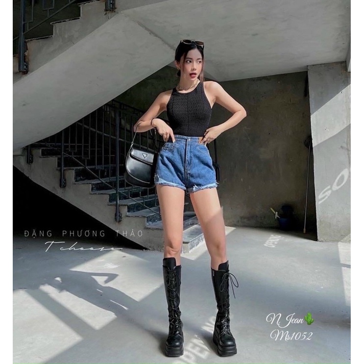 Quần Sọt Jean Nữ, Quần Ngắn Nữ Lưng Cao Mix Logo Phong Cách Ulzzang