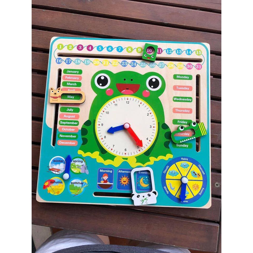 Đồng hồ gỗ hình con ếch giúp bé học thời gian, thứ ngày tháng, thời Tiết, mùa trong năm