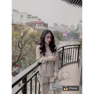 Set áo len phối ren mix quần suông be