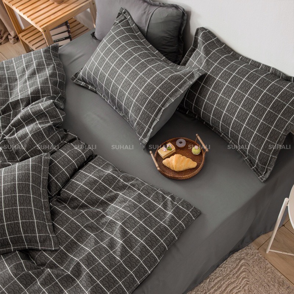 Bộ chăn ga giường cotton poly SUHALI kẻ dạ nhỏ gồm vỏ chăn mền, drap nệm và 2 vỏ gối