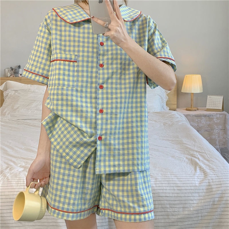 Bộ Đồ Ngủ Tay Ngắn Họa Tiết Sọc Caro Thiết Kế Đơn Giản Thời Trang Mùa Hè Mới Cho Nữ