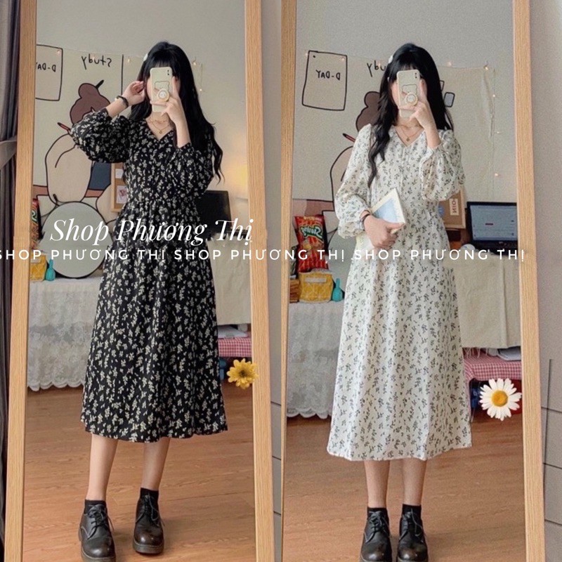 Đầm babydoll hoa nhí cổ V dáng dài (hàng sẵn)