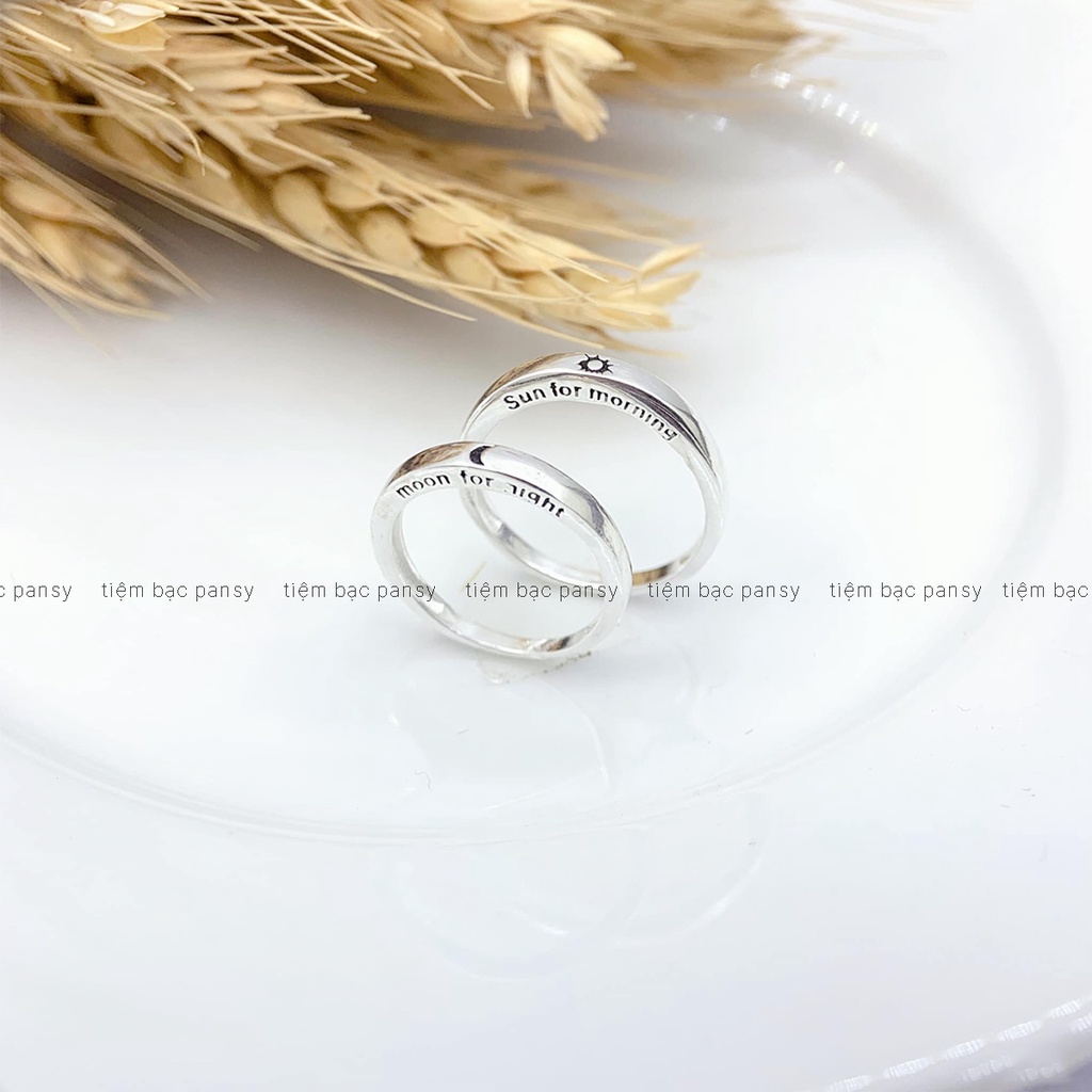 Nhẫn đôi bạc nam nữ PANSY hoạ tiết trăng và mặt trời, nhẫn cặp đẹp tình yêu Moon &amp; Star chuẩn bạc ta