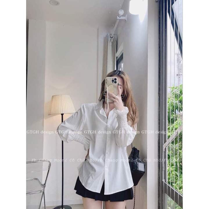 Áo sơ mi trắng nữ đi học tay dài bo chun, cổ bẻ trơn basic - sơ mi trắng học sinh Kanimi | BigBuy360 - bigbuy360.vn
