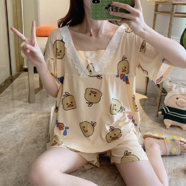 Bộ Đồ Ngủ Tay Ngắn Dáng Rộng In Họa Tiết Hoạt Hình Thời Trang Mùa Hè Cho Nữ