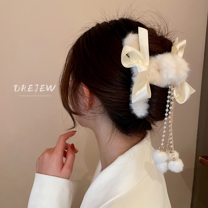 🌈Kẹp tóc hình nơ phối lông tua rua xinh xắn phong cách Hàn Quốc hợp thời trang cho nữ