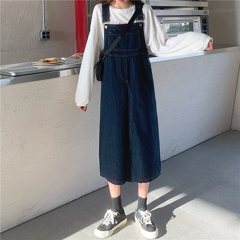 Xiaozhainv Đầm Yếm Denim Form Rộng Phong Cách Retro Hàn Quốc Cho Nữ