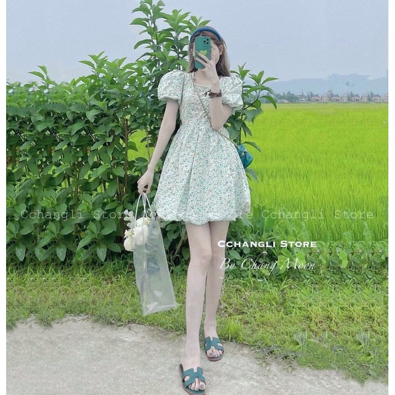 Váy babydoll đầm babydoll tay phồng cổ phối ren
