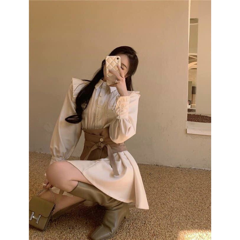 Váy Nữ, Đầm Thiết Kế Cho Nữ Đầm Sơ Mi Bèo Cổ Nude Đai Bụng Siêu Xinh Phong Cách Hàn Quốc. | BigBuy360 - bigbuy360.vn