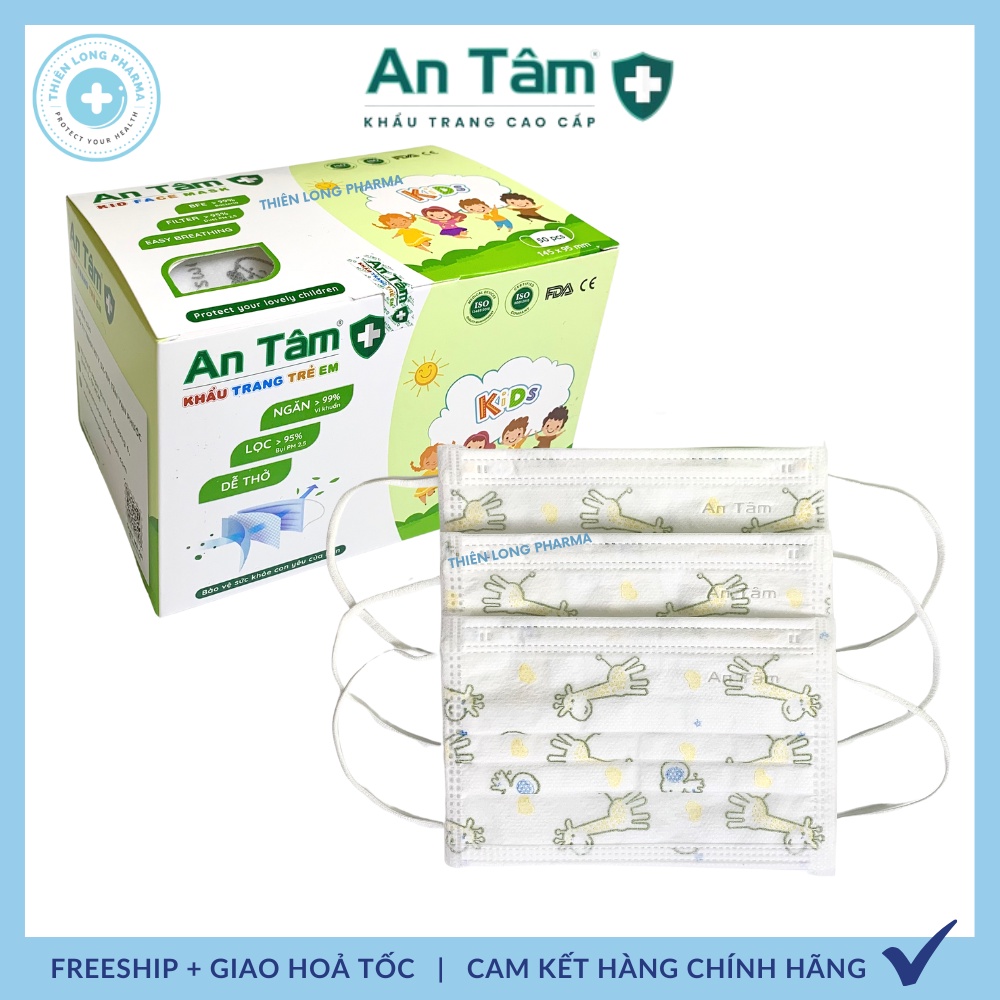 Khẩu trang y tế trẻ em An Tâm 3 lớp kháng khuẩn [ Hộp 50 cái] hoạ tiết dễ thương cho bé