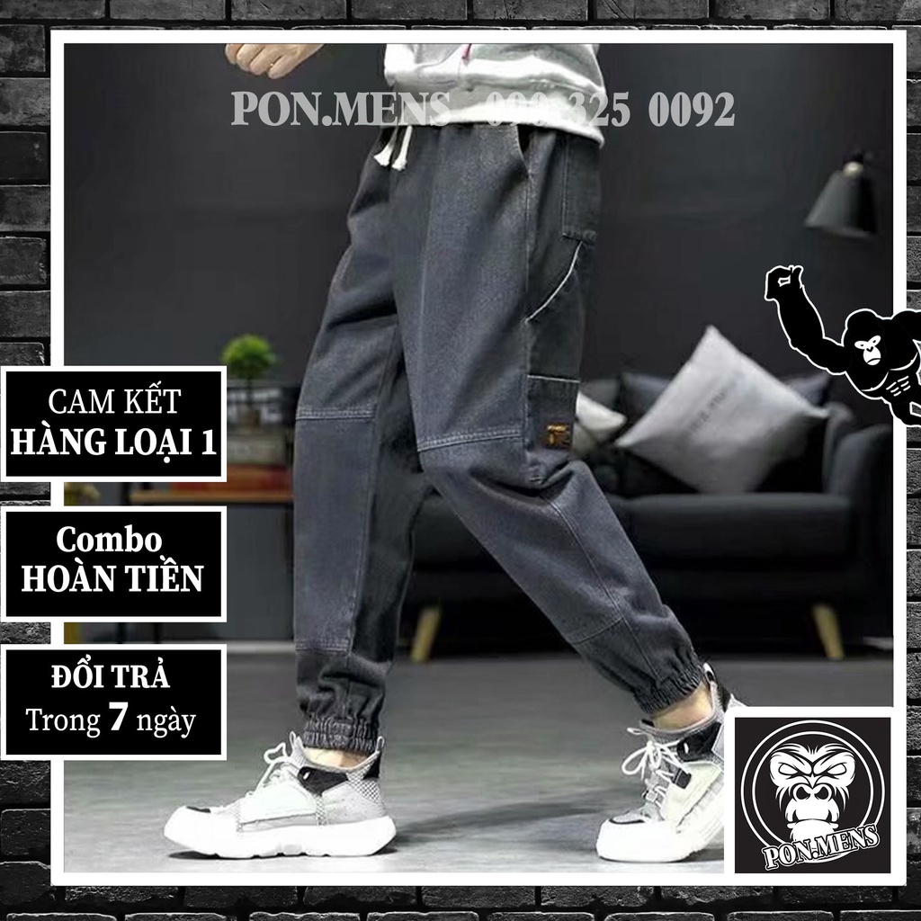 Quần Jeans Jogger nam màu đen logo thêu bó gấu lưng chun 709w 2021 pon.mens