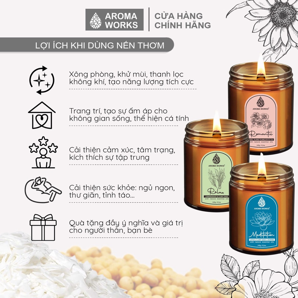 Nến thơm Spa Aroma Works liệu pháp mùi hương giúp dễ ngủ, thư giãn, lãng mạn, thoải mái 240g