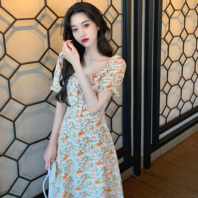 Đầm Hoa Cổ Vuông Xẻ Tà Thời Trang Mùa Hè Pháp