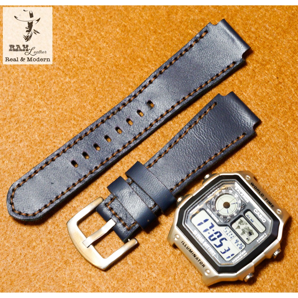 Dây Đồng Hồ Da Bò Thật Rất Đẹp Màu Xanh Navy - Ram 1993 Casio Ae1200/Seiko5 - Ram Leather